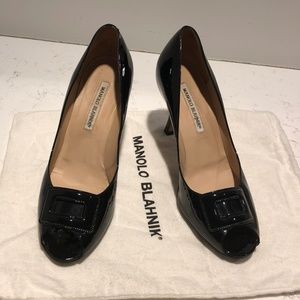 Manolo Blahnik Black Patent Peeptoe with Buckle